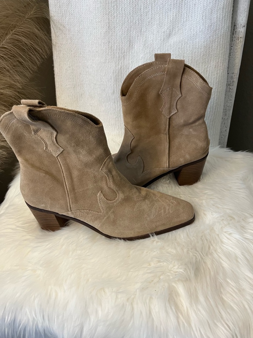 Zara Taupe Suede Western Ankle Boots
